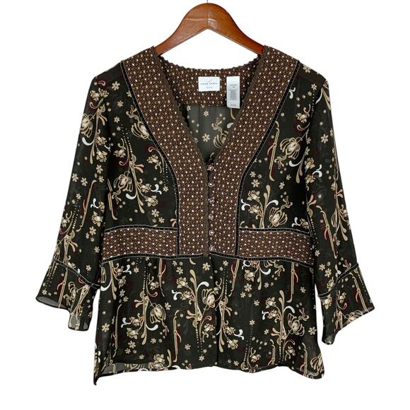 Emma James Blouse Brown 3/4 Sleeve Boho Women's 14 Petite - Picture 1 of 5